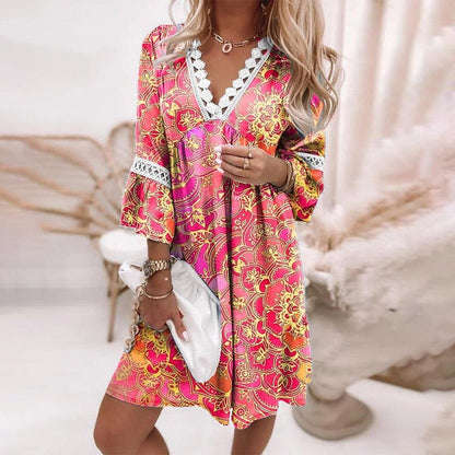 Niki | Women's Boho Lace Trim V-Neck Mini Dress