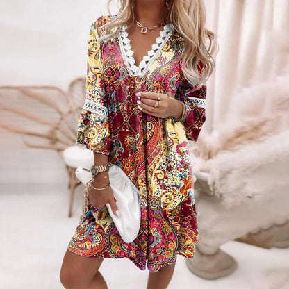 Niki | Women's Boho Lace Trim V-Neck Mini Dress