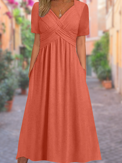 Women's V-Neck Ruched Midi Dress