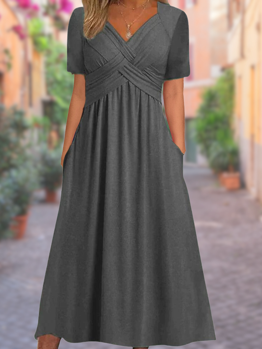 Women's V-Neck Ruched Midi Dress
