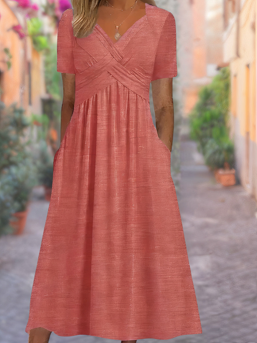 Women's V-Neck Ruched Midi Dress