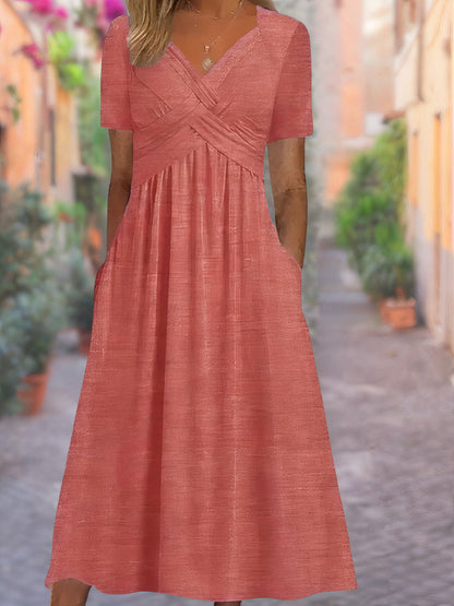 Women's V-Neck Ruched Midi Dress