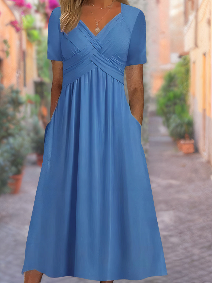 Women's V-Neck Ruched Midi Dress