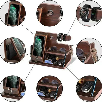 Niki | Wooden Nightstand Phone Docking Station – Multifunctional Shelf for Wallet, Watch, and Storage, Ideal for Valentine's Day