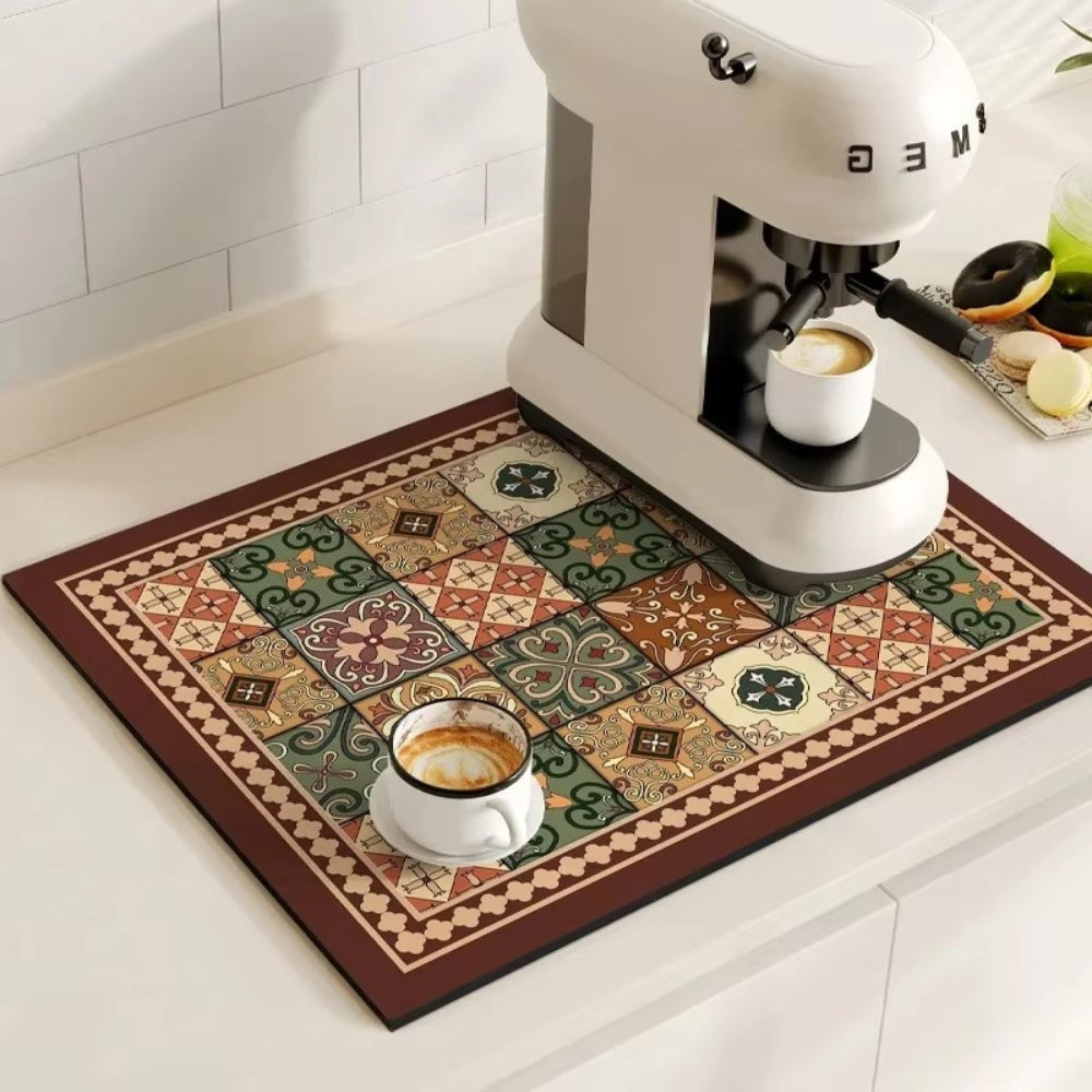 Absorbent Mat with Vintage Tile Design for Kitchen