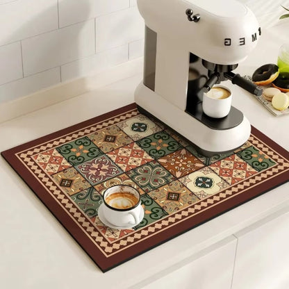 Absorbent Mat with Vintage Tile Design for Kitchen