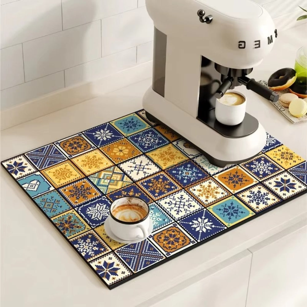 Absorbent Mat with Vintage Tile Design for Kitchen