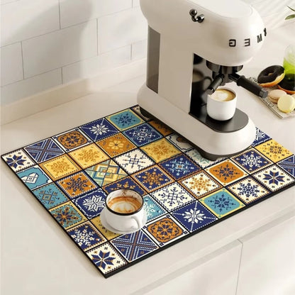 Absorbent Mat with Vintage Tile Design for Kitchen