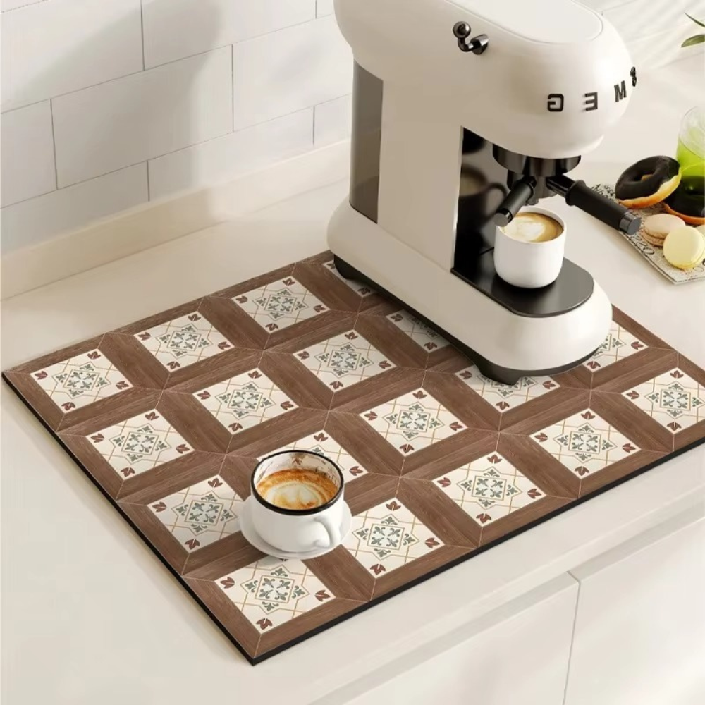 Absorbent Mat with Vintage Tile Design for Kitchen