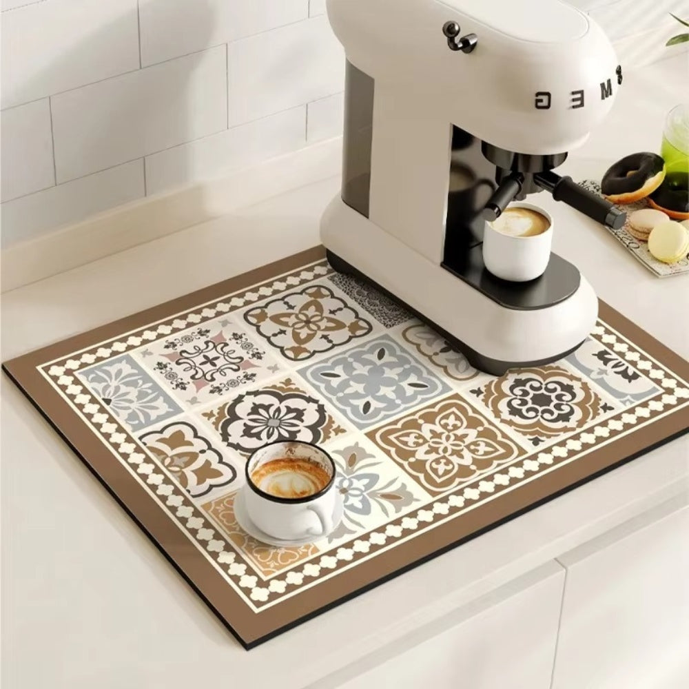 Absorbent Mat with Vintage Tile Design for Kitchen
