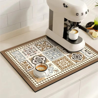Absorbent Mat with Vintage Tile Design for Kitchen