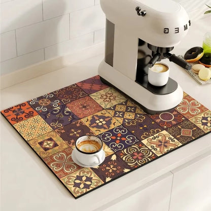 Absorbent Mat with Vintage Tile Design for Kitchen