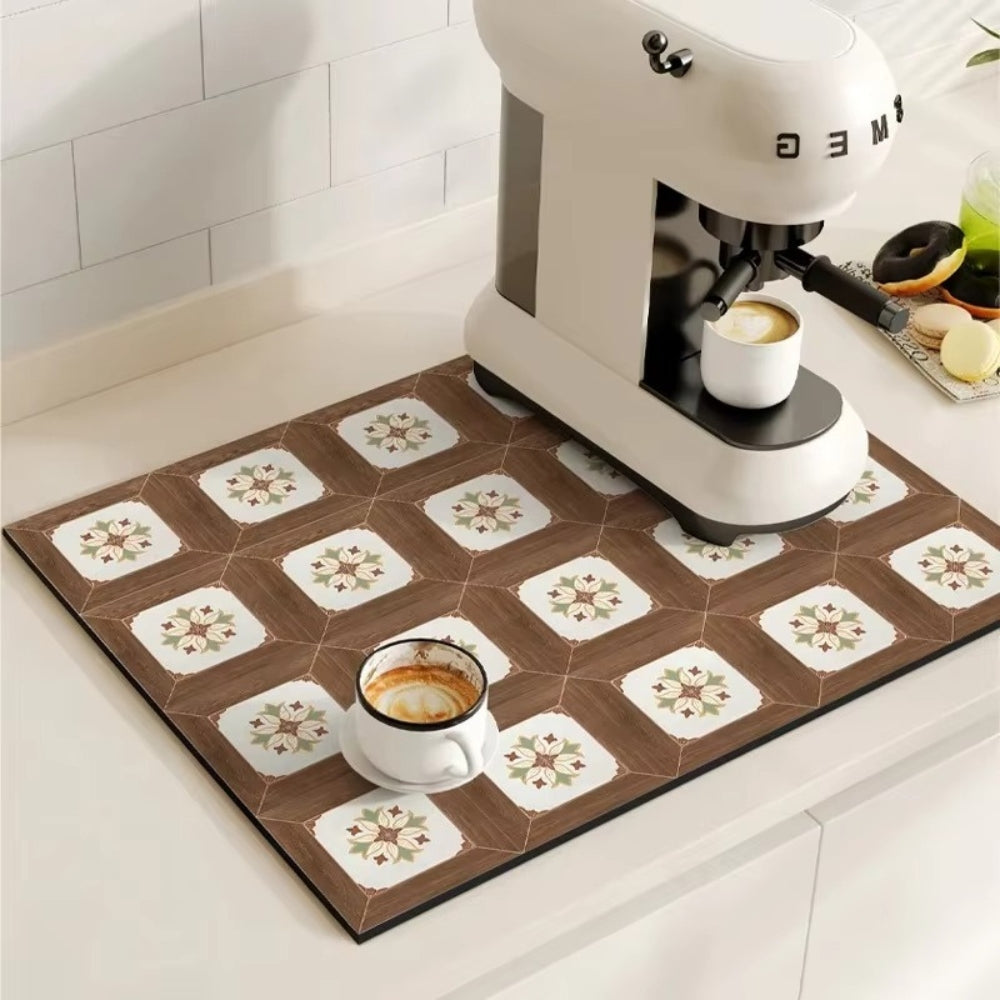 Absorbent Mat with Vintage Tile Design for Kitchen