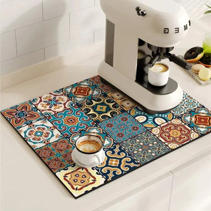 Absorbent Mat with Vintage Tile Design for Kitchen