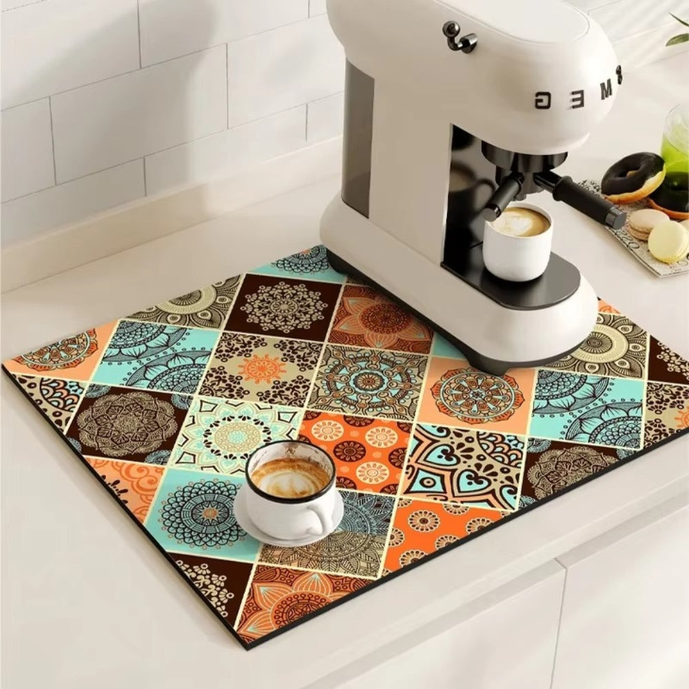 Absorbent Mat with Vintage Tile Design for Kitchen