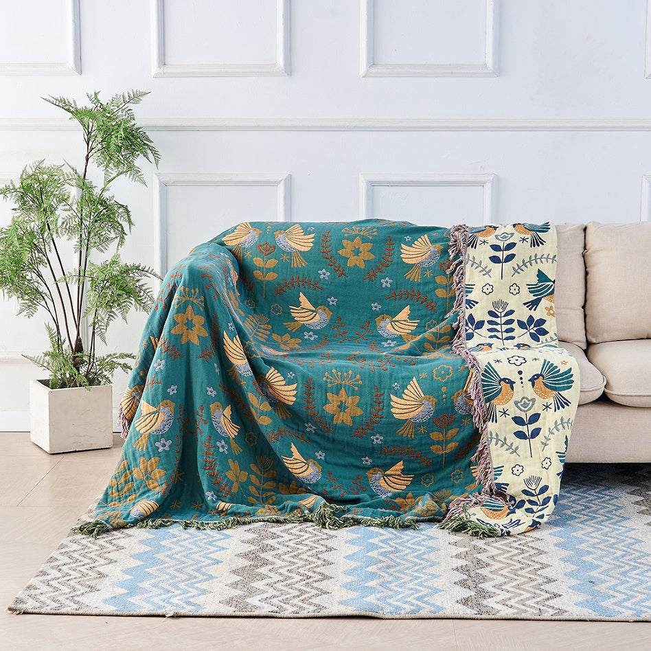 Reversible Cotton Throw Blanket | Scandinavian Bird Design