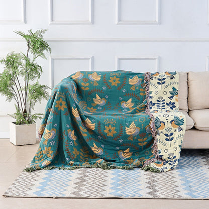 Reversible Cotton Throw Blanket | Scandinavian Bird Design