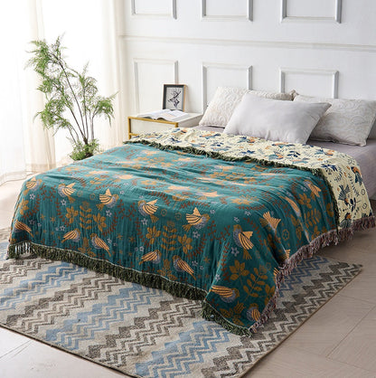 Reversible Cotton Throw Blanket | Scandinavian Bird Design