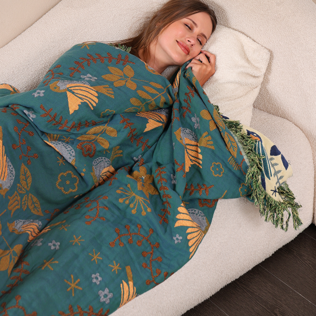 Reversible Cotton Throw Blanket | Scandinavian Bird Design