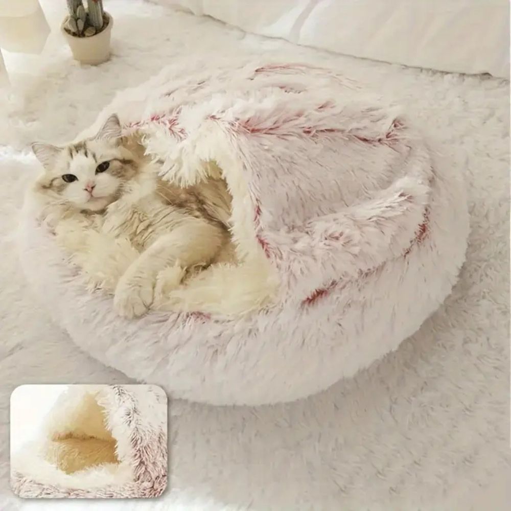 Plush Hooded Round Faux Fur Pet Cozy Bed