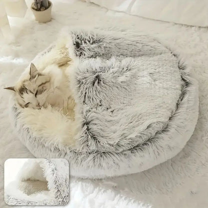Plush Hooded Round Faux Fur Pet Cozy Bed