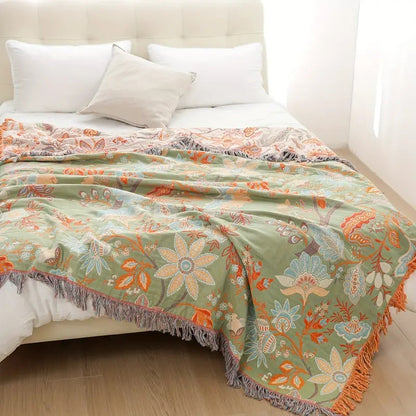 Cotton Floral Bohemian Throw Blanket | Artistic Fringe Accent