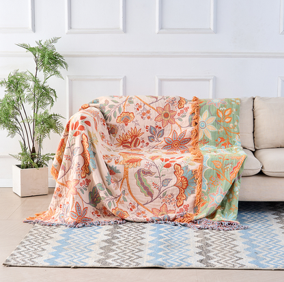 Cotton Floral Bohemian Throw Blanket | Artistic Fringe Accent
