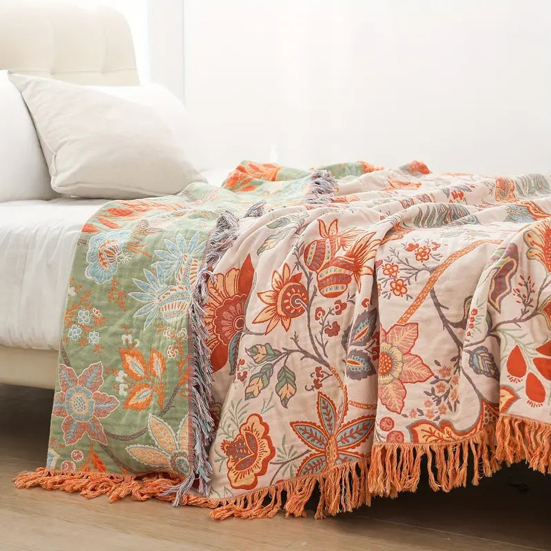 Cotton Floral Bohemian Throw Blanket | Artistic Fringe Accent