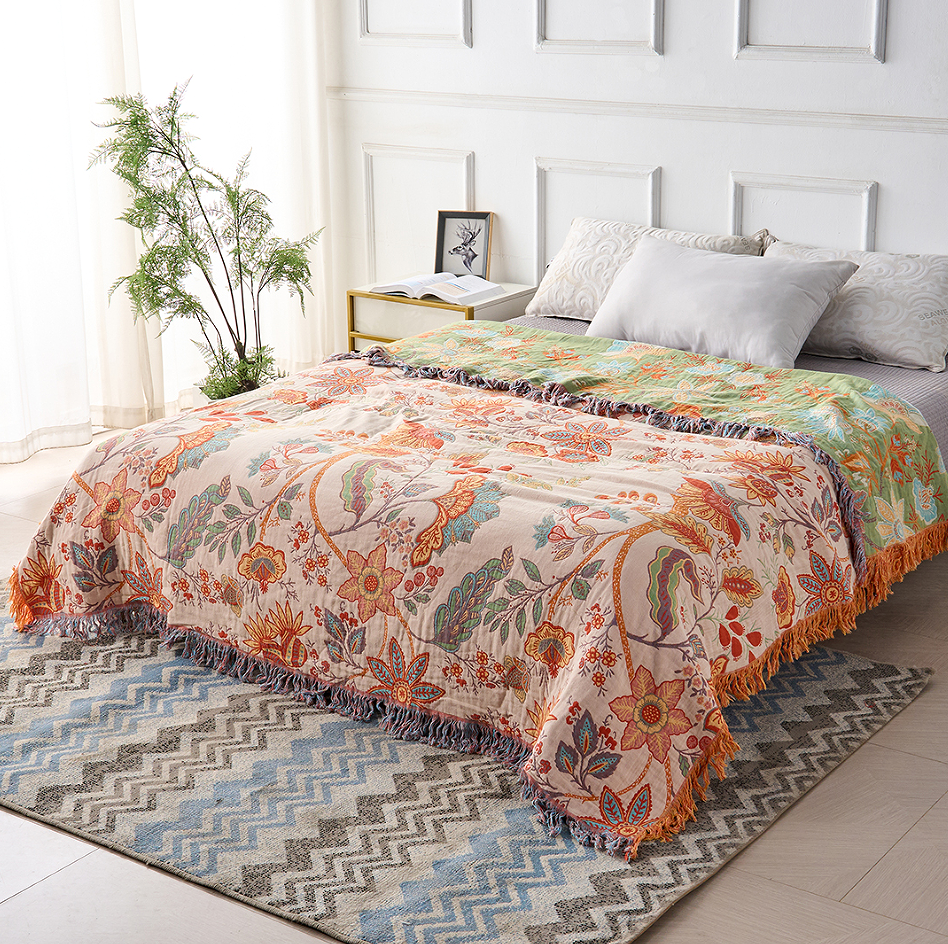 Cotton Floral Bohemian Throw Blanket | Artistic Fringe Accent