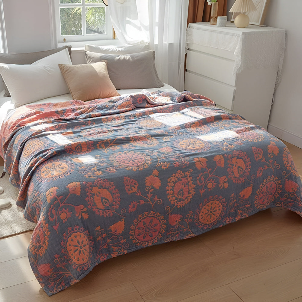 Floral Print Cotton Reversible Throw Blanket