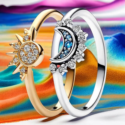Sparkling Silver Crystal Ring - Elegant 925 silver ring with moon & sun design