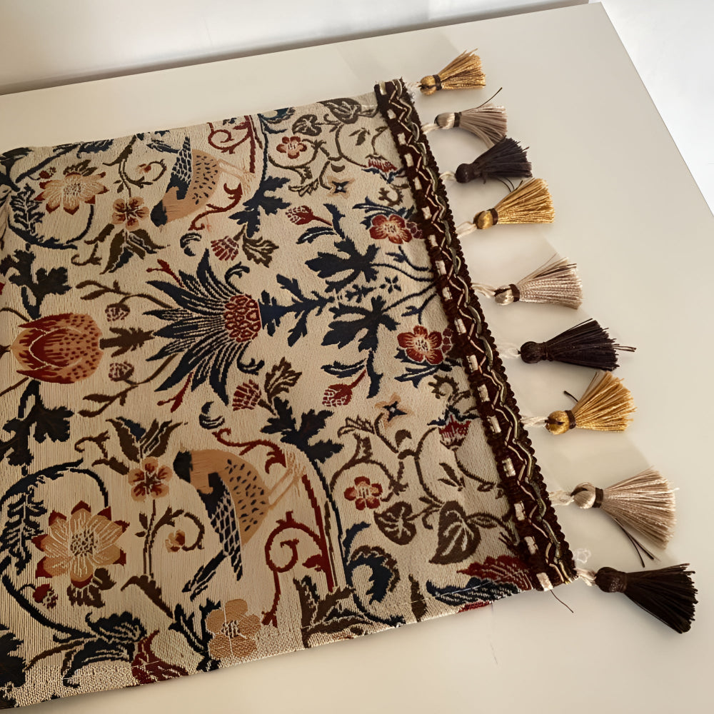 Tapestry Table Runner with Floral Bird Motif & Tassels
