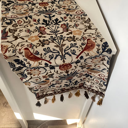 Tapestry Table Runner with Floral Bird Motif & Tassels
