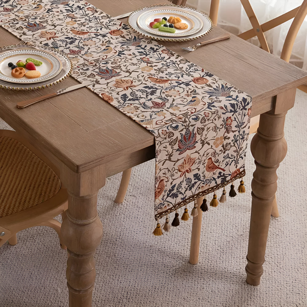 Tapestry Table Runner with Floral Bird Motif & Tassels