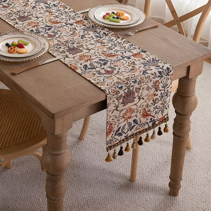 Tapestry Table Runner with Floral Bird Motif & Tassels