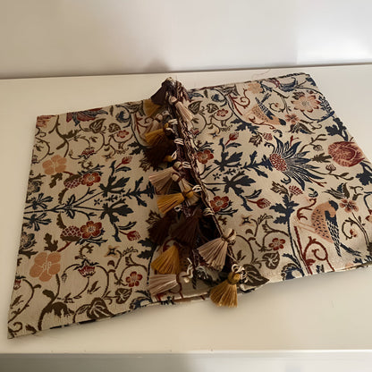 Tapestry Table Runner with Floral Bird Motif & Tassels