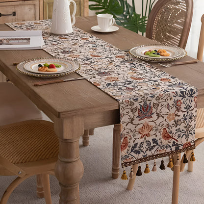 Tapestry Table Runner with Floral Bird Motif & Tassels