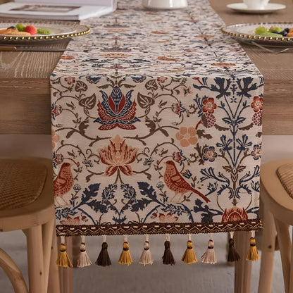 Tapestry Table Runner with Floral Bird Motif & Tassels