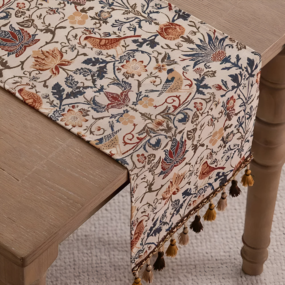 Tapestry Table Runner with Floral Bird Motif & Tassels
