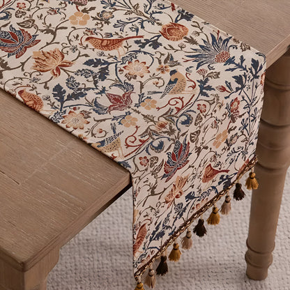 Tapestry Table Runner with Floral Bird Motif & Tassels