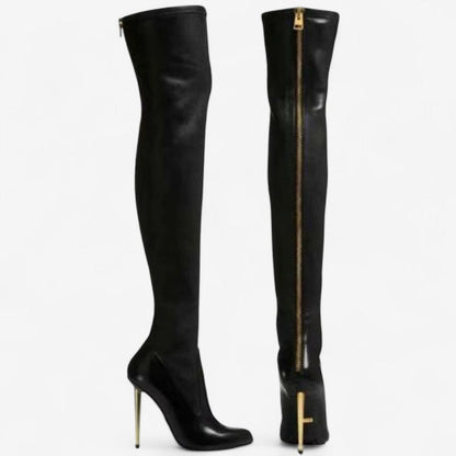 Women's Knee-High Boots with Pointed Toe and Side Zip