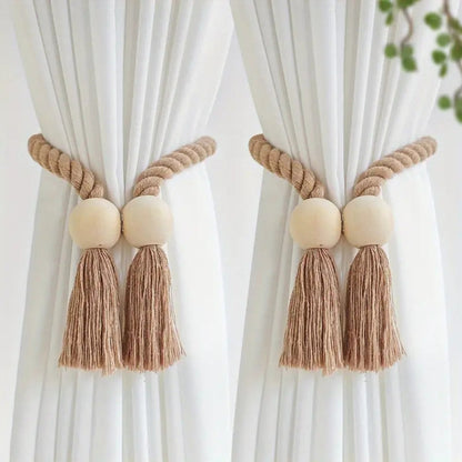 Wood Bead Tassel Curtain Holders | 2 Pc Set