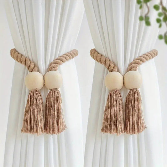 Wood Bead Tassel Curtain Holders | 2 Pc Set