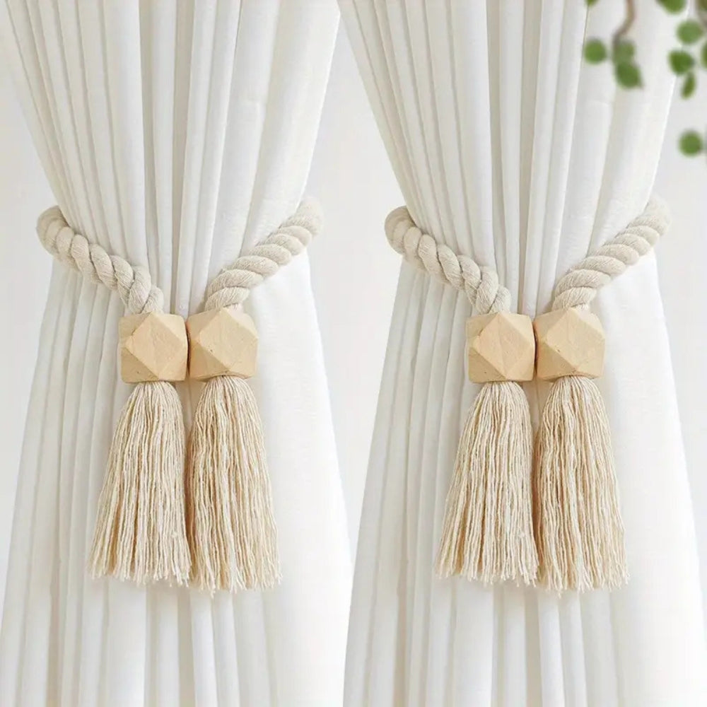 Wood Bead Tassel Curtain Holders | 2 Pc Set
