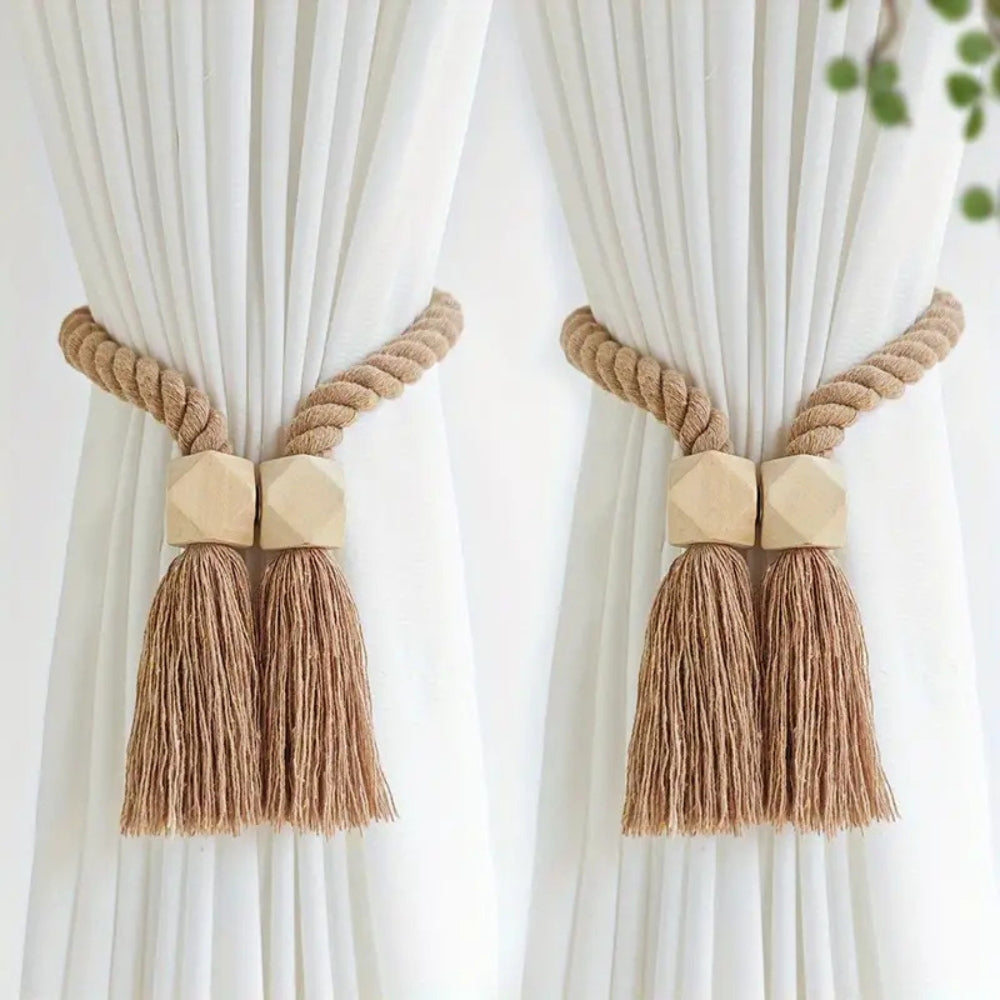 Wood Bead Tassel Curtain Holders | 2 Pc Set