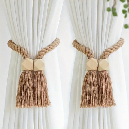 Wood Bead Tassel Curtain Holders | 2 Pc Set